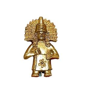 VINTAGE 70s Mexican God Idol Brooch Gold-Tone Artist Signed